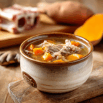 A rustic ceramic bowl filled with beef bone broth for dogs, showing shredded beef and sweet potato chunks, with raw bones and sweet potatoes in the background on a wooden surface.
