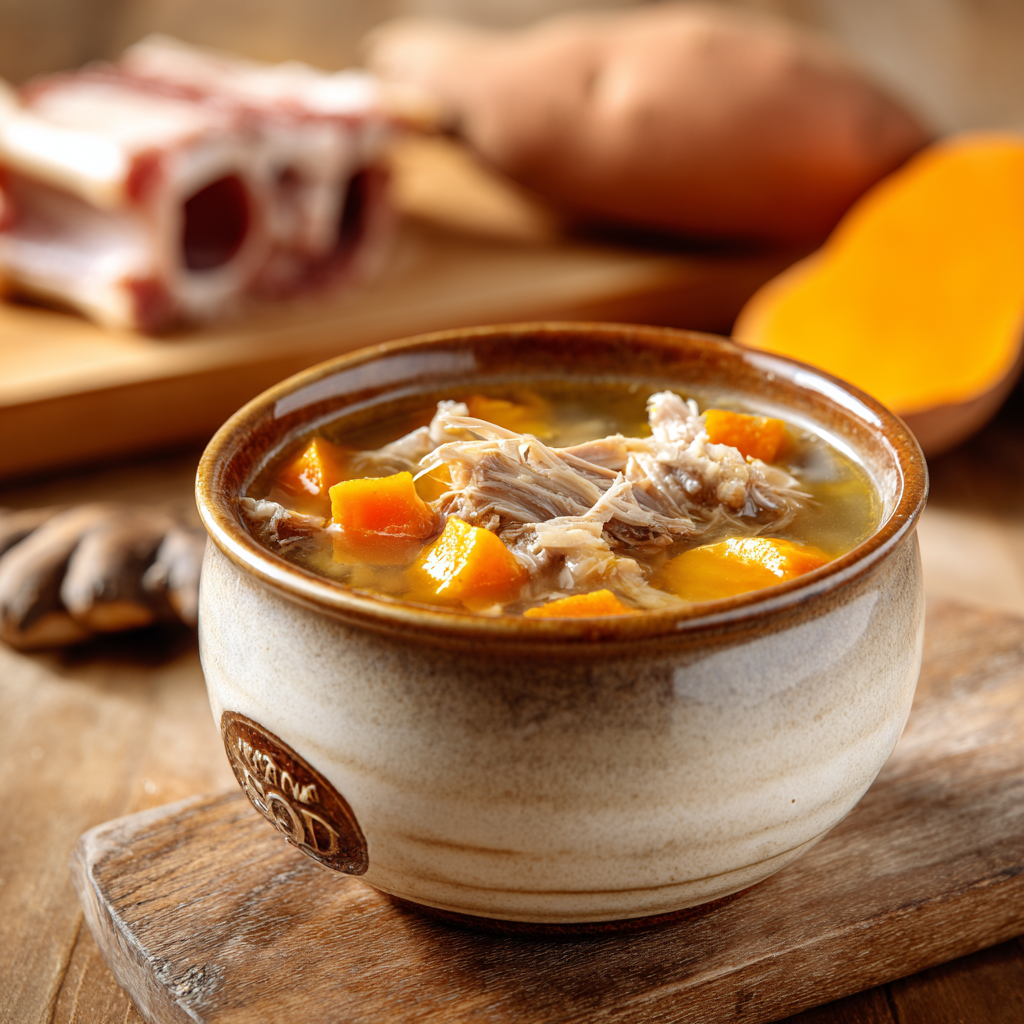 A rustic ceramic bowl filled with beef bone broth for dogs, showing shredded beef and sweet potato chunks, with raw bones and sweet potatoes in the background on a wooden surface.